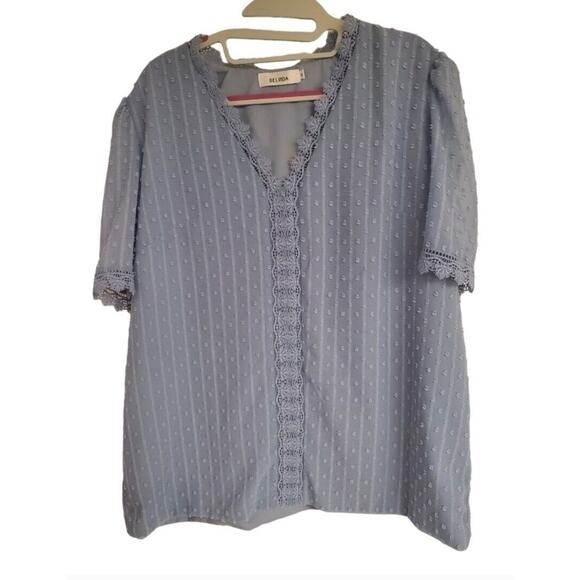 Women's Belinda Blue Swiss Dot Lace V-Neck Blouse | Size Medium - Picture 1 of 7